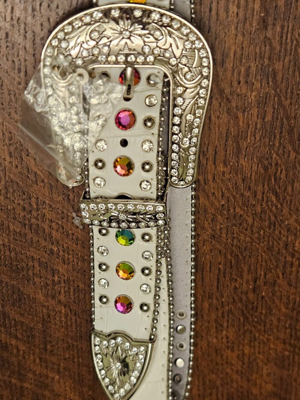 Y2K Genuine Leather White Aurora Borealis Rhinestone Bling Belt Large 38"